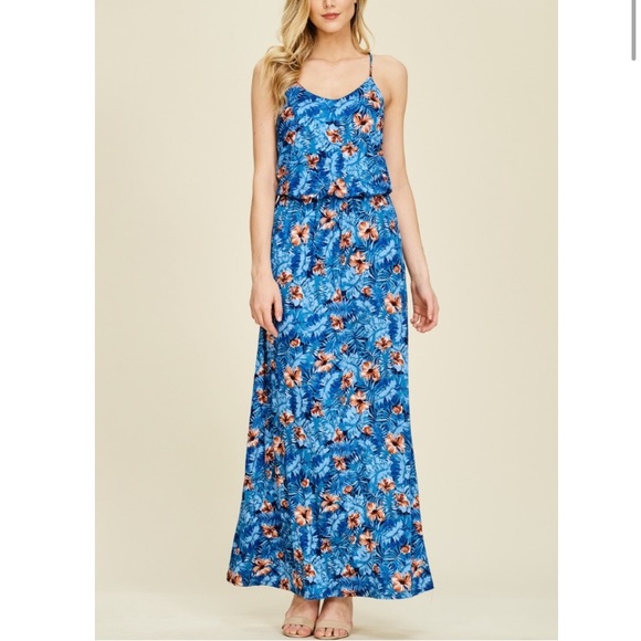 Blue Floral Sheath Maxi Dress - Picture 2 of 4